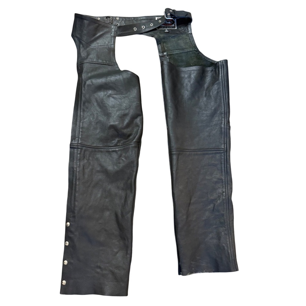 River Road Black Leather‎ Motorcycle Chaps Mens Large Adjustable Belted Biker